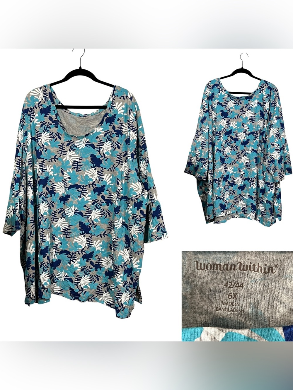 Woman Within tunic plus size 6X blue multicolor Floral Scoop Neck cotton casual